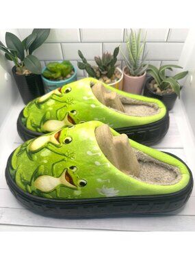 Kawaii Frog Plush Lined Clogs Slippers Adult Size 42-43 Green Black Made In Chin